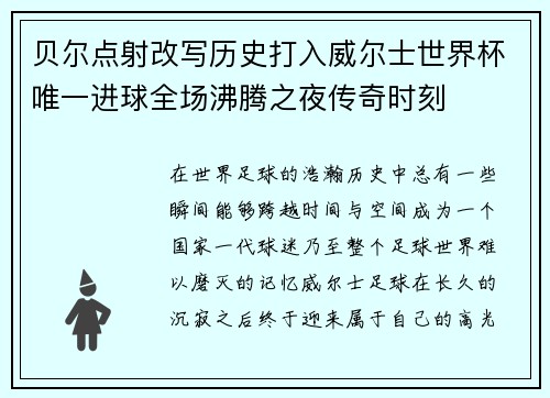贝尔点射改写历史打入威尔士世界杯唯一进球全场沸腾之夜传奇时刻