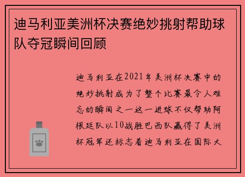 迪马利亚美洲杯决赛绝妙挑射帮助球队夺冠瞬间回顾