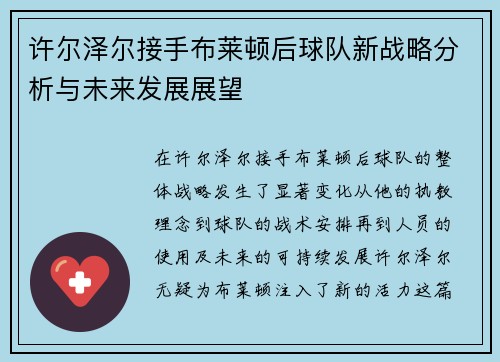 许尔泽尔接手布莱顿后球队新战略分析与未来发展展望 许尔泽尔接手布莱顿后球队新战略分析与未来发展展望